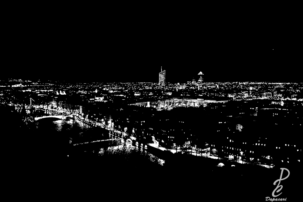 photo depuis le jardin des curiosité de lyon vue sur lyon part dieu en noir et blanc très fort contraste la ville de Lyon est comme composé de petits points